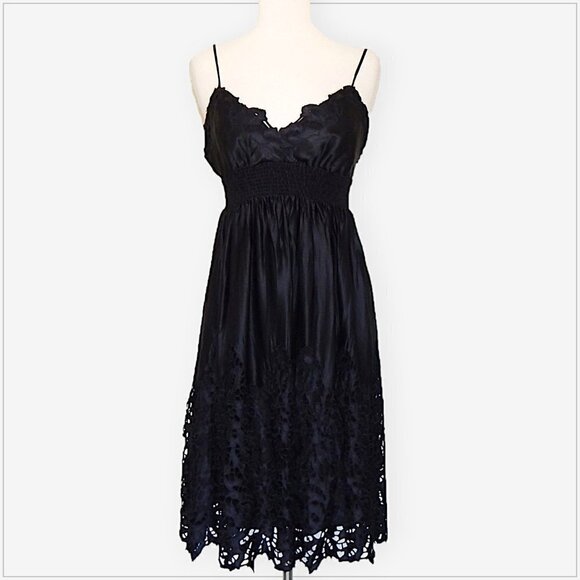 BCBGMaxAzria Black Silk Empire Cutwork Lace Embroidered Slip Boho Dress NWOT XS - Picture 1 of 6